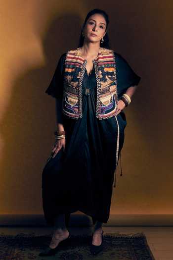 Buy_Aseem Kapoor_Black Tussar, Cotton, Silk Embroidery, Beads, Tassels Zuri Gilet With Dress _at_Aza_Fashions