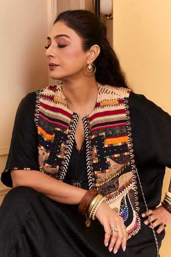 Buy_Aseem Kapoor_Black Tussar, Cotton, Silk Embroidery, Beads, Tassels Zuri Gilet With Dress _Online_at_Aza_Fashions