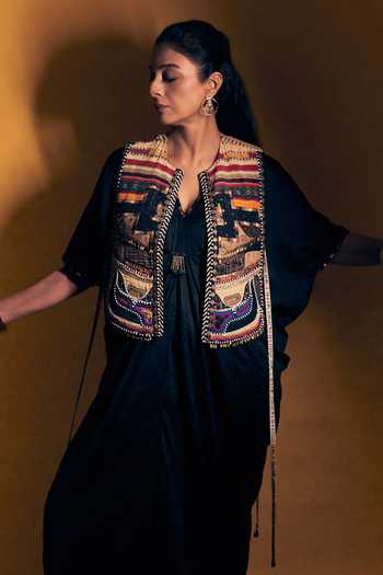 Buy_Aseem Kapoor_Black Tussar, Cotton, Silk Embroidery, Beads, Tassels Zuri Gilet With Dress 