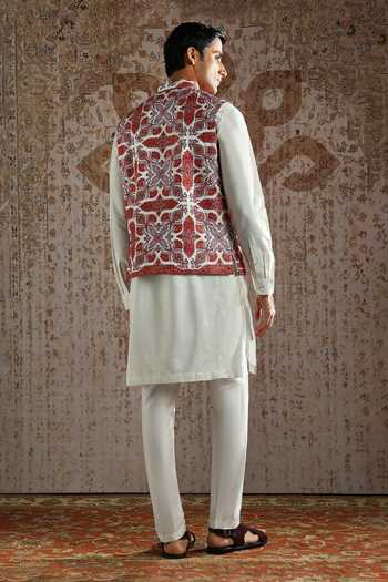 Shop_Asuka_Ivory Pashmina Kashida Embroidered Bundi Kurta Set _at_Aza_Fashions
