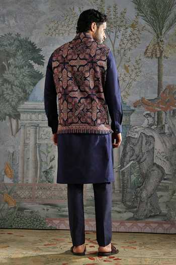 Shop_Asuka_Blue Pashmina Zari Persian Motif Bundi Kurta Set _at_Aza_Fashions