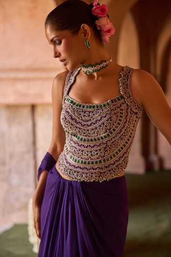 Charu And Vasundhara_Purple Silk, Chiffon, Taffeta Tarangini Pre-draped Saree With Embroidered Corset _Online_at_Aza_Fashions