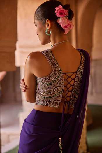 Buy_Charu And Vasundhara_Purple Silk, Chiffon, Taffeta Tarangini Pre-draped Saree With Embroidered Corset _Online_at_Aza_Fashions