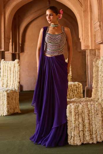 Shop_Charu And Vasundhara_Purple Silk, Chiffon, Taffeta Tarangini Pre-draped Saree With Embroidered Corset _Online_at_Aza_Fashions