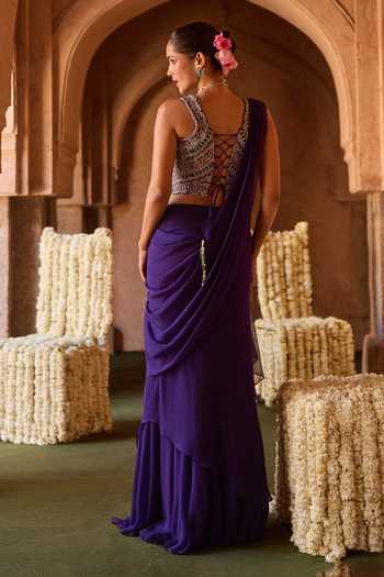 Shop_Charu And Vasundhara_Purple Silk, Chiffon, Taffeta Tarangini Pre-draped Saree With Embroidered Corset _at_Aza_Fashions