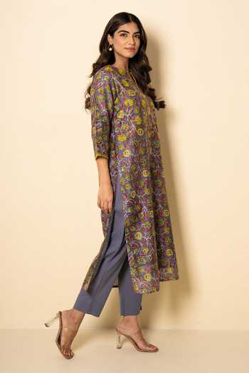 Buy_Kameez_Grey Chanderi, Cotton Split V-neck, Garden Floral Block Print Kurta And Pant Set _Online_at_Aza_Fashions