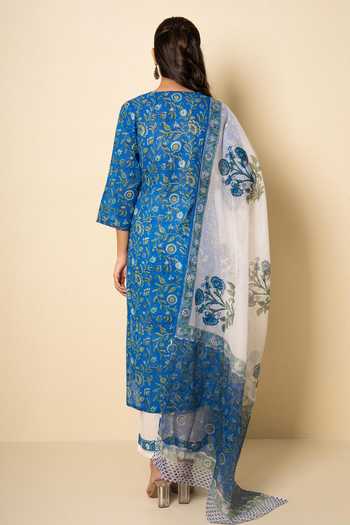 Shop_Kameez_Blue Cotton, Kota Doria Split V-neck, Yes Floral Block Print Kurta Set _at_Aza_Fashions