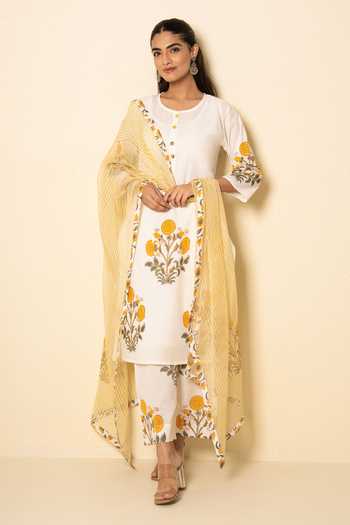 Buy_Kameez_White Cotton, Chiffon Round Neck Summer Floral Block Print Kurta Set _Online_at_Aza_Fashions