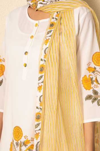 Shop_Kameez_White Cotton, Chiffon Round Neck Summer Floral Block Print Kurta Set 