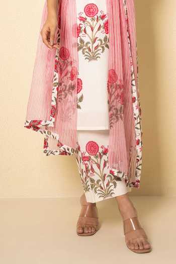 Buy_Kameez_White Cotton, Chiffon Round Neck Rosette Floral Block Print Kurta Set _Online_at_Aza_Fashions