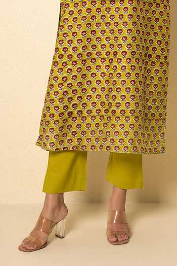 Kameez_Lime Chanderi, Cotton Round Neck Floral Block Print Kurta And Pant Set _Online_at_Aza_Fashions