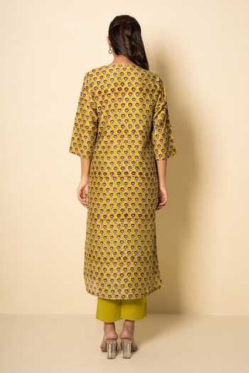Shop_Kameez_Lime Chanderi, Cotton Round Neck Floral Block Print Kurta And Pant Set _at_Aza_Fashions