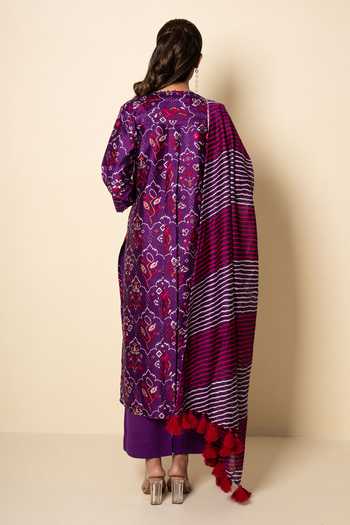 Shop_Kameez_Purple Chanderi, Cotton Split V-neck Plum Floral Print Kurta Set _at_Aza_Fashions