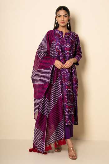 Buy_Kameez_Purple Chanderi, Cotton Split V-neck Plum Floral Print Kurta Set _Online_at_Aza_Fashions