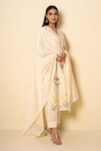 Shop_Kameez_Ivory Chanderi, Muslin (mulmul), Cotton Spring Floral Embroidered Kurta Set _Online_at_Aza_Fashions