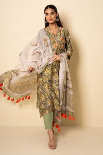 Buy_Kameez_Olive Green Chanderi, Cotton, Kota Doria Meadow Floral Block Print Kurta Set _Online_at_Aza_Fashions