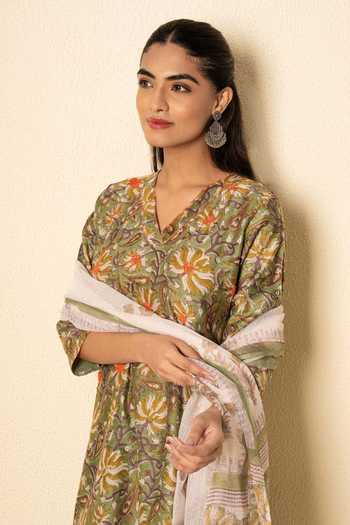 Shop_Kameez_Olive Green Chanderi, Cotton, Kota Doria Meadow Floral Block Print Kurta Set _Online_at_Aza_Fashions