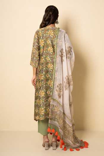Shop_Kameez_Olive Green Chanderi, Cotton, Kota Doria Meadow Floral Block Print Kurta Set _at_Aza_Fashions
