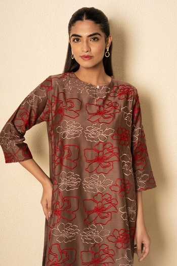 Buy_Kameez_Brown Chanderi, Cotton Keyhole Neck Floral Embroidered Kurta And Pant Set _Online_at_Aza_Fashions