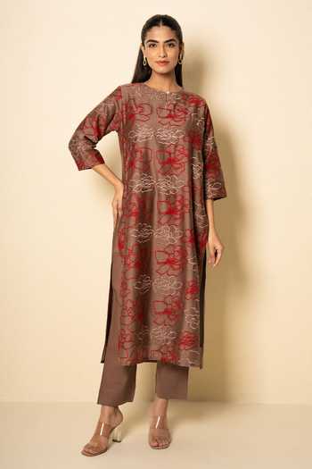 Buy_Kameez_Brown Chanderi, Cotton Keyhole Neck Floral Embroidered Kurta And Pant Set _at_Aza_Fashions