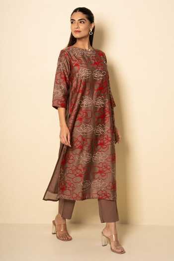 Shop_Kameez_Brown Chanderi, Cotton Keyhole Neck Floral Embroidered Kurta And Pant Set _Online_at_Aza_Fashions