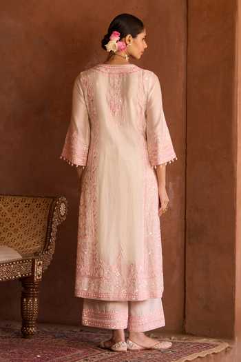 Shop_Sheetal Batra_Pink , Chanderi, Organza Round Neck, Yes Ena Kurta Set _at_Aza_Fashions