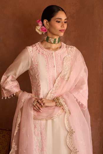 Buy_Sheetal Batra_Pink , Chanderi, Organza Round Neck, Yes Ena Kurta Set _Online_at_Aza_Fashions