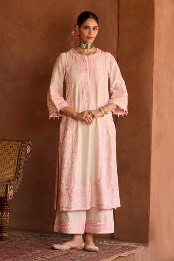 Shop_Sheetal Batra_Pink , Chanderi, Organza Round Neck, Yes Ena Kurta Set _Online_at_Aza_Fashions
