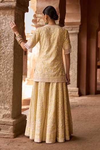 Shop_Sheetal Batra_Yellow , Chanderi, Organza Round Neck Heer Kurta Set _at_Aza_Fashions