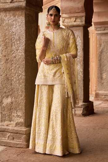 Buy_Sheetal Batra_Yellow , Chanderi, Organza Round Neck Heer Kurta Set _at_Aza_Fashions