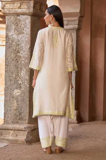 Shop_Sheetal Batra_Ivory , Chanderi, Cotton, Organza Round Neck, Yes Anam Kurta Set _at_Aza_Fashions