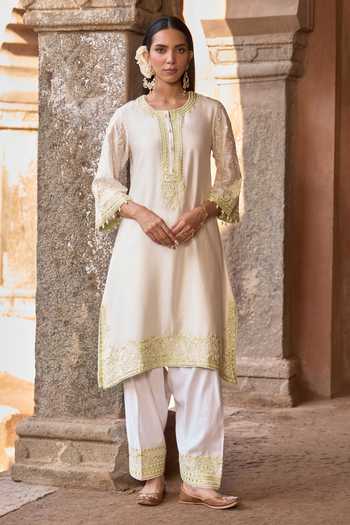 Shop_Sheetal Batra_Ivory , Chanderi, Cotton, Organza Round Neck, Yes Anam Kurta Set _Online_at_Aza_Fashions