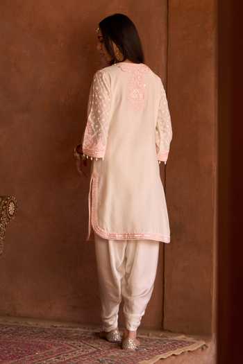 Shop_Sheetal Batra_Pink Silk, Chanderi, Satin Round Neck Ruhi Kurta And Dhoti Pant Set _at_Aza_Fashions