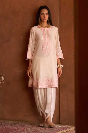 Buy_Sheetal Batra_Pink Silk, Chanderi, Satin Round Neck Ruhi Kurta And Dhoti Pant Set _at_Aza_Fashions