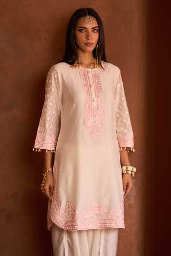 Sheetal Batra_Pink Silk, Chanderi, Satin Round Neck Ruhi Kurta And Dhoti Pant Set _Online_at_Aza_Fashions