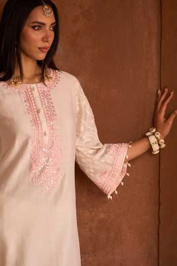 Buy_Sheetal Batra_Pink Silk, Chanderi, Satin Round Neck Ruhi Kurta And Dhoti Pant Set _Online_at_Aza_Fashions