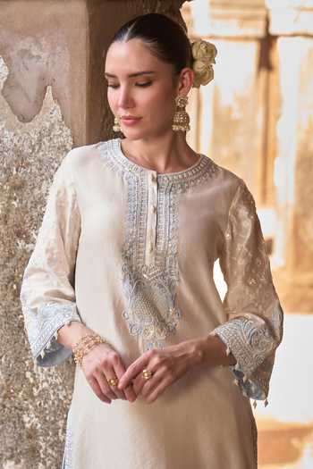 Buy_Sheetal Batra_Blue Silk, Chanderi, Satin Round Neck, Yes Ruhi Kurta And Dhoti Pant Set _Online_at_Aza_Fashions