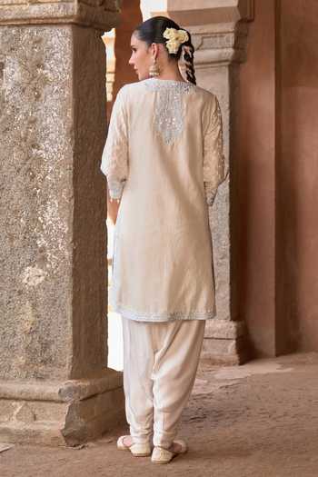 Shop_Sheetal Batra_Blue Silk, Chanderi, Satin Round Neck, Yes Ruhi Kurta And Dhoti Pant Set _at_Aza_Fashions