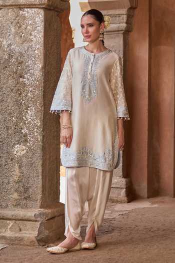 Buy_Sheetal Batra_Blue Silk, Chanderi, Satin Round Neck, Yes Ruhi Kurta And Dhoti Pant Set _at_Aza_Fashions