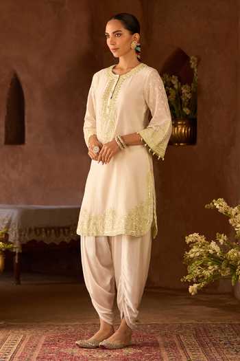 Buy_Sheetal Batra_Ivory Silk, Chanderi, Satin Round Neck, Yes Ruhi Kurta And Dhoti Pant Set _Online_at_Aza_Fashions