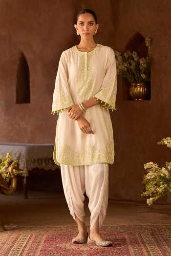 Buy_Sheetal Batra_Ivory Silk, Chanderi, Satin Round Neck, Yes Ruhi Kurta And Dhoti Pant Set _at_Aza_Fashions
