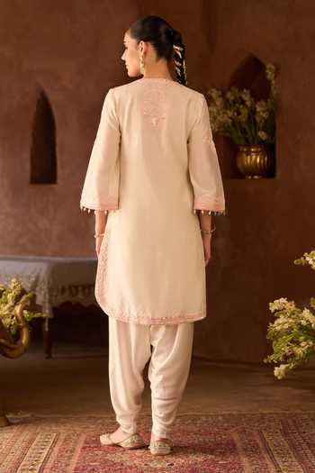 Shop_Sheetal Batra_Pink Silk, Chanderi, Satin Round Neck Nyra Kurta And Dhoti Pant Set _at_Aza_Fashions