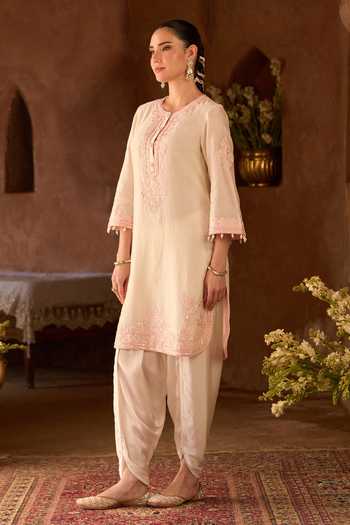 Buy_Sheetal Batra_Pink Silk, Chanderi, Satin Round Neck Nyra Kurta And Dhoti Pant Set _Online_at_Aza_Fashions