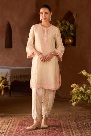Buy_Sheetal Batra_Pink Silk, Chanderi, Satin Round Neck Nyra Kurta And Dhoti Pant Set _at_Aza_Fashions