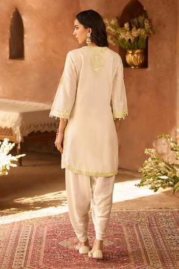Shop_Sheetal Batra_Ivory Silk, Chanderi, Satin Round Neck, Yes Nyra Kurta And Pant Set _at_Aza_Fashions