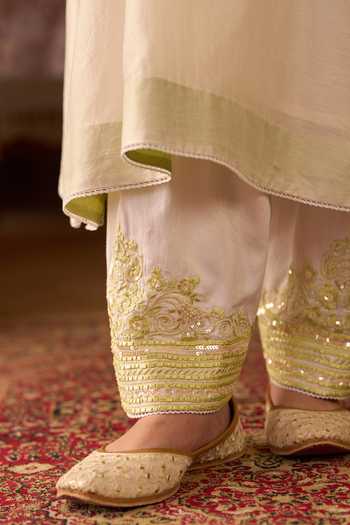 Buy_Sheetal Batra_Green Silk, Chanderi, Cotton V-neck Sahabat Kaftan And Salwar Set _Online_at_Aza_Fashions