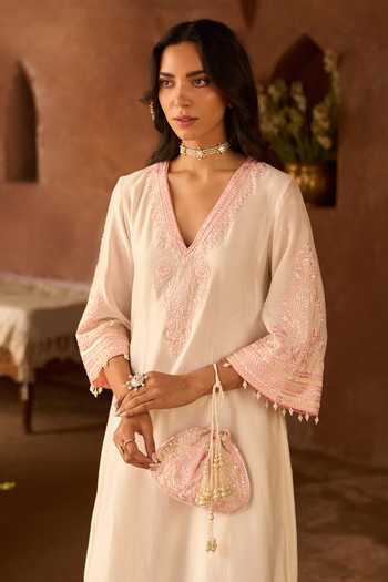 Buy_Sheetal Batra_Pink Silk, Cotton, Chanderi V-neck Sahabat Kaftan And Salwar Set _Online_at_Aza_Fashions