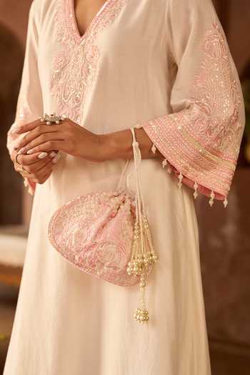 Sheetal Batra_Pink Silk, Cotton, Chanderi V-neck Sahabat Kaftan And Salwar Set _at_Aza_Fashions
