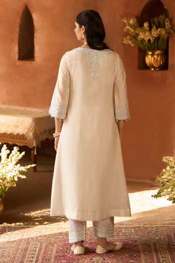Shop_Sheetal Batra_Blue Silk, Cotton, Chanderi V-neck Sahabat Kaftan And Salwar Set _at_Aza_Fashions