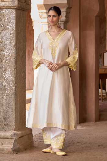Buy_Sheetal Batra_Yellow Silk, Chanderi, Cotton V-neck Sahabat Kaftan And Salwar Set _at_Aza_Fashions